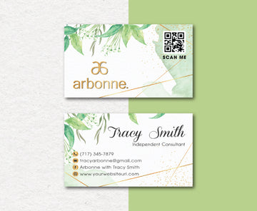 Arbonne Green Watercolor Business Card QR Code, Personalized Arbonne Business Cards AB180