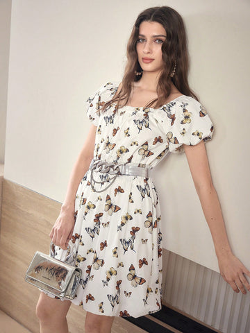 Step into a world of whimsy with the Butterfly Pattern Shirred Dress. Its delicate shirred design hugs your silhouette while the charming butterfly print adds a playful touch. Perfect for turning heads and fluttering through your day with effortless style and grace.