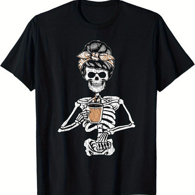 Unleash your spooky side with the Caffeinated Skeleton Messy Bun Halloween Women's T-Shirt. Made with comfortable fabric, this shirt features a playful design that combines humor and style. Perfect for a casual Halloween celebration or everyday wear, this shirt will keep you looking and feeling energized.