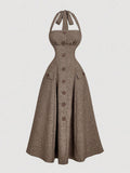 View 1 of camel halter button front midi dress with crochet trim, flap pockets, back tie, cutout back, and flared skirt