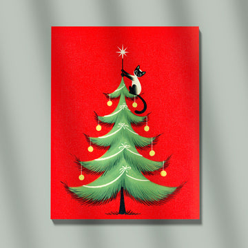 Retro Mid Century Modern Christmas Illustration Featuring A Siamese Cat Reaching For The Star