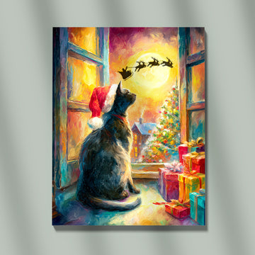 Vibrant Oil Painting Of A Black Cat In Santa Hat Watching Santa's Sleigh