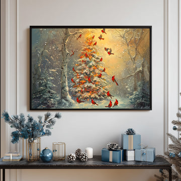 Magical Snowy Christmas Tree In Winter Forest Decorated With Vibrant Red Cardinal Birds