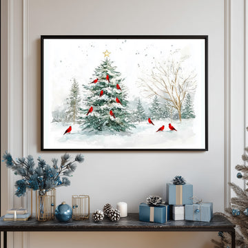 Elegant Watercolor Illustration Of A Snowy Christmas Tree Featuring Vibrant Red Cardinal Birds