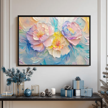 Soft Pastel Impasto Oil Painting Of Three Blooming Peonies With Heavy Palette Knife Texture