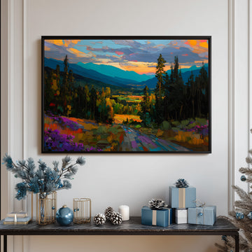 Vibrant Impasto Oil Painting Of A Scenic Mountain Valley Path With Pine Trees