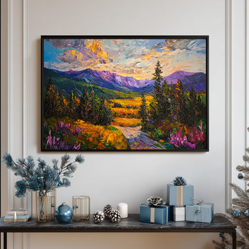 Vibrant Impasto Oil Painting Of A Scenic Mountain Valley And Winding Road