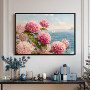 Beautiful Coastal Oil Painting Of Pink Hydrangeas Overlooking The Ocean With A Sailboat