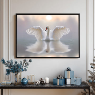 Elegant White Swan With Spread Wings And Reflection On Calm Misty Water At Sunset