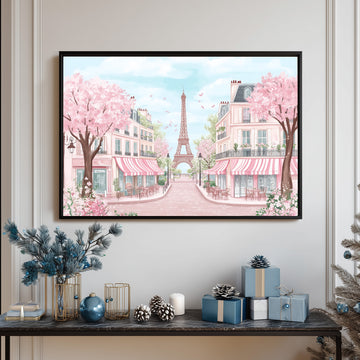 Romantic Pink Paris Cafe Scene With Eiffel Tower And Sakura Trees Watercolor Illustration