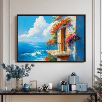Vibrant Impasto Oil Painting Of Mediterranean Balcony With Colorful Flowers Overlooking Blue Ocean