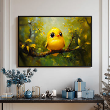 Cute Tiny Yellow Bird Sitting On A Branch Whimsical Forest Oil Painting Art