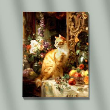 Classical Oil Painting Of A Ginger Cat With Vintage Floral Still Life And Fruits