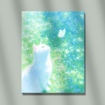 Ethereal White Cat Watching A Butterfly In A Sunlit Meadow Dreamy Digital Art Print