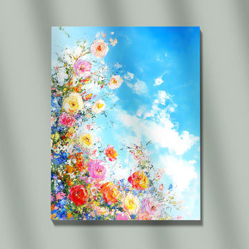 Vibrant Impasto Oil Painting Of Colorful Roses Under A Bright Blue Summer Sky