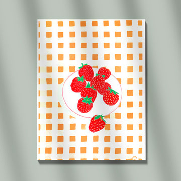 Minimalist Strawberry Illustration On Orange Gingham Pattern Background Modern Pop Art Print