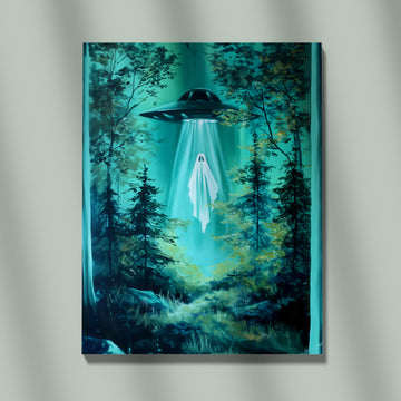 Spooky Surreal UFO Abducting A Ghost In A Dark Emerald Forest Oil Painting Art