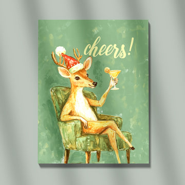 Funny Christmas Deer Wearing Santa Hat Drinking Cocktail Cheers Whimsical Holiday Wall Art