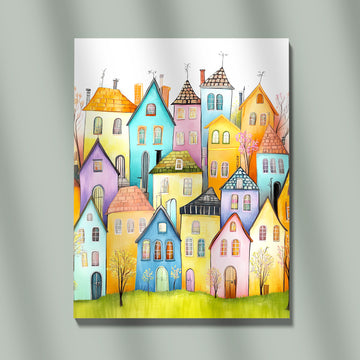 Whimsical Colorful Village Houses Illustration Vibrant Fairy Tale Town Wall Art