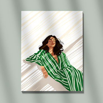 Minimalist Illustration Of Woman In Green Striped Dress Under Dappled Sunlight Wall Art