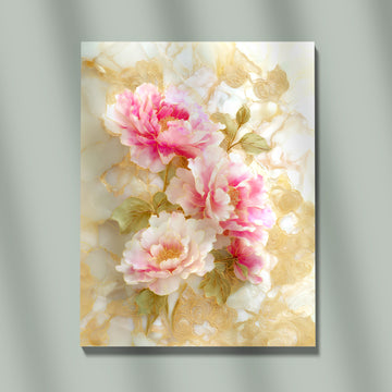 Luxury Pink Peony Flowers On Beige Marble Background Elegant Floral Oil Painting Wall Art