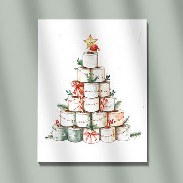 Funny Toilet Paper Christmas Tree Watercolor Illustration Quirky Holiday Home Decor Wall Art