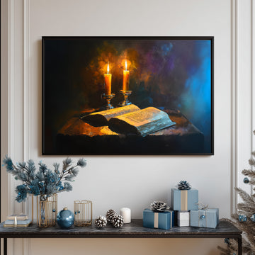 Dramatic Oil Painting Of Two Glowing Candles And An Open Antique Book Still Life