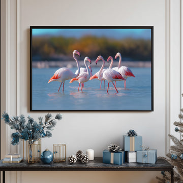 Beautiful Pink Flamingo Flock Standing In Serene Blue Water Nature Photography Wall Art