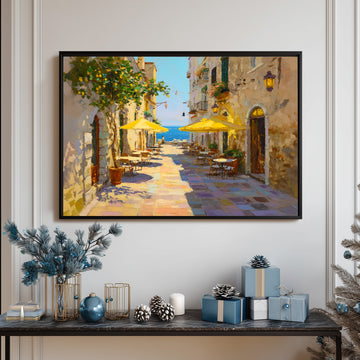 Sun Drenched Mediterranean Coastal Street With Lemon Tree And Yellow Cafe Umbrellas Painting