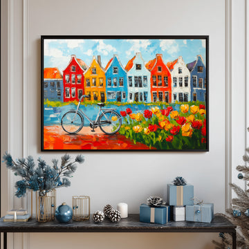 Colorful Amsterdam Canal Houses Oil Painting With Bicycle And Tulip Garden Wall Art