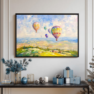 Colorful Hot Air Balloons Flying Over Rolling Hills Landscape Impasto Oil Painting Art