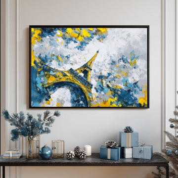 Modern Abstract Eiffel Tower Paris Oil Painting Vibrant Blue And Yellow Textured Wall Art