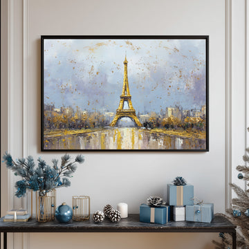 Luxury Golden Eiffel Tower Paris Oil Painting With Sparkling Gold Leaf Effect Wall Art