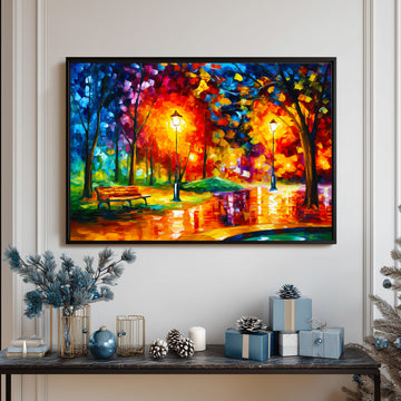 Vibrant Impasto Park At Night Oil Painting With Glowing Lamp Posts And Park Bench