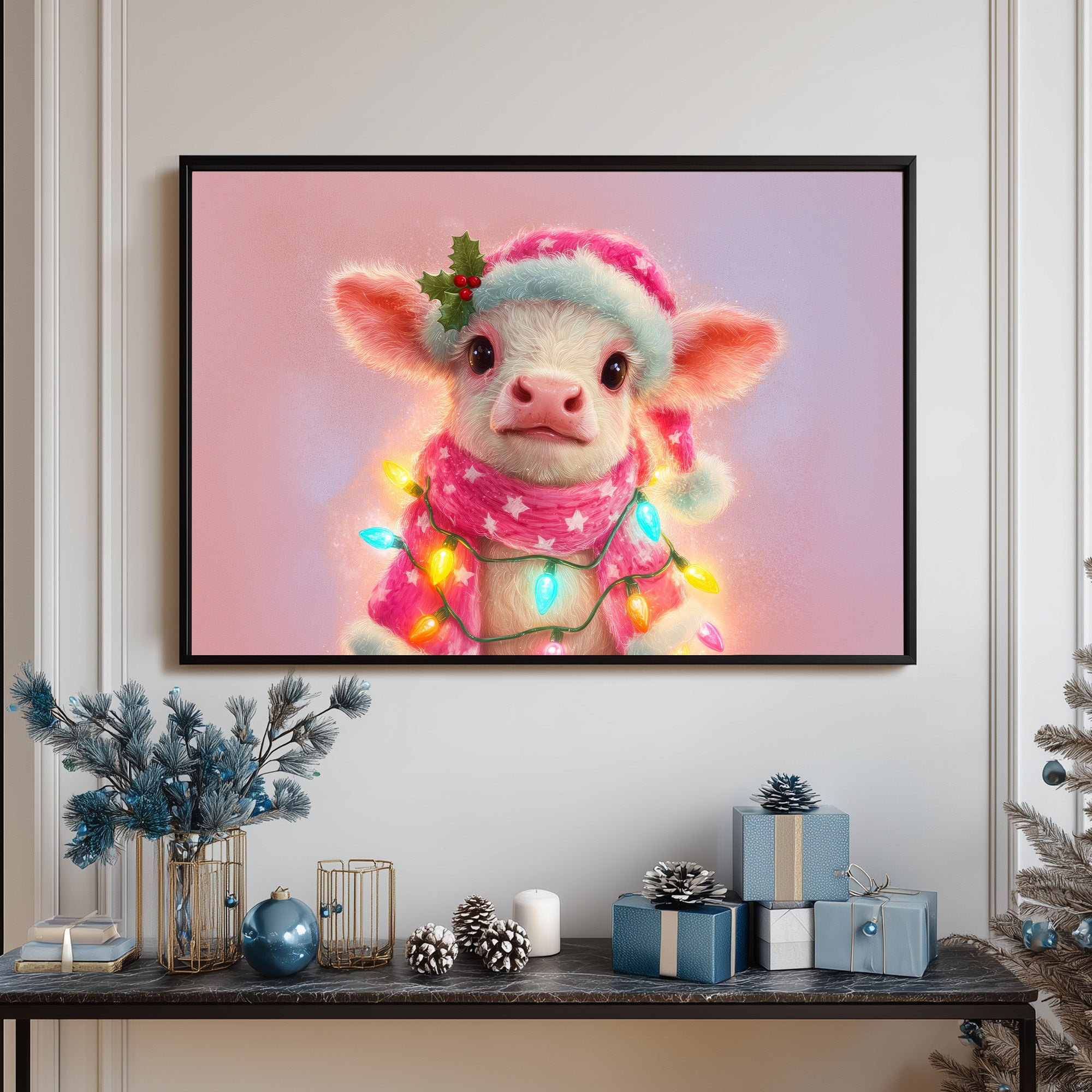 Cute Christmas Baby Cow Art, Festive Calf in Santa Hat & Scarf, Holiday Lights Nursery Print, Adorable Winter Farm Animal Wall Decor