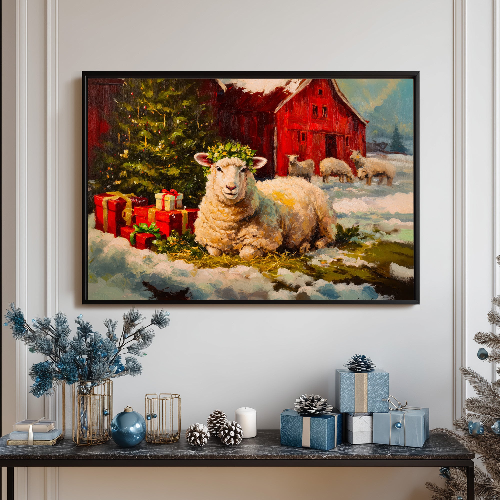 Rustic Christmas Sheep Art, Cozy Farmhouse Winter Scene with Red Barn & Tree, Holiday Gifts Illustration