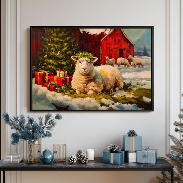 Rustic Christmas Sheep Art, Cozy Farmhouse Winter Scene with Red Barn & Tree, Holiday Gifts Illustration