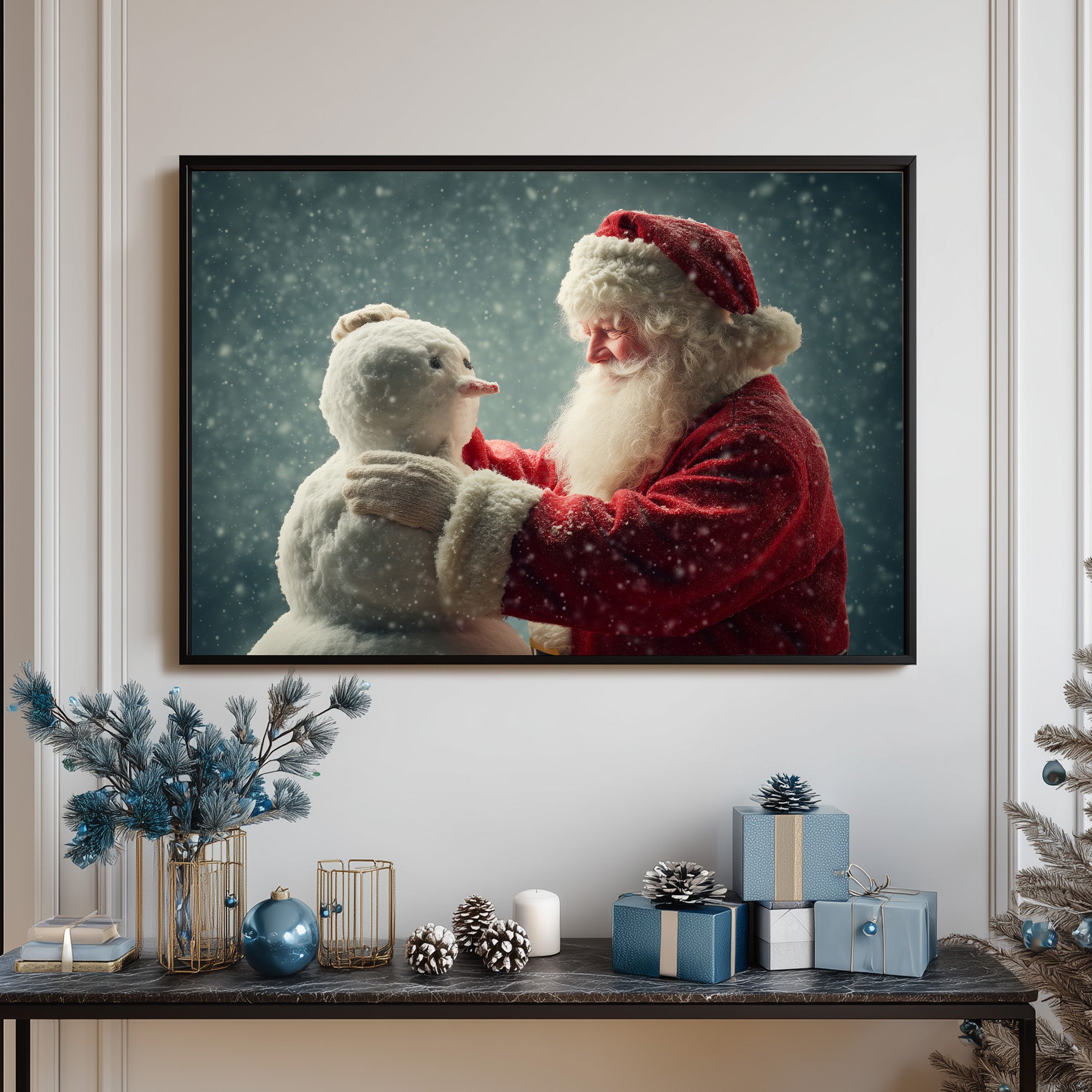 Heartwarming Santa Building Snowman Art, Vintage Christmas Scene with Gentle Snowfall