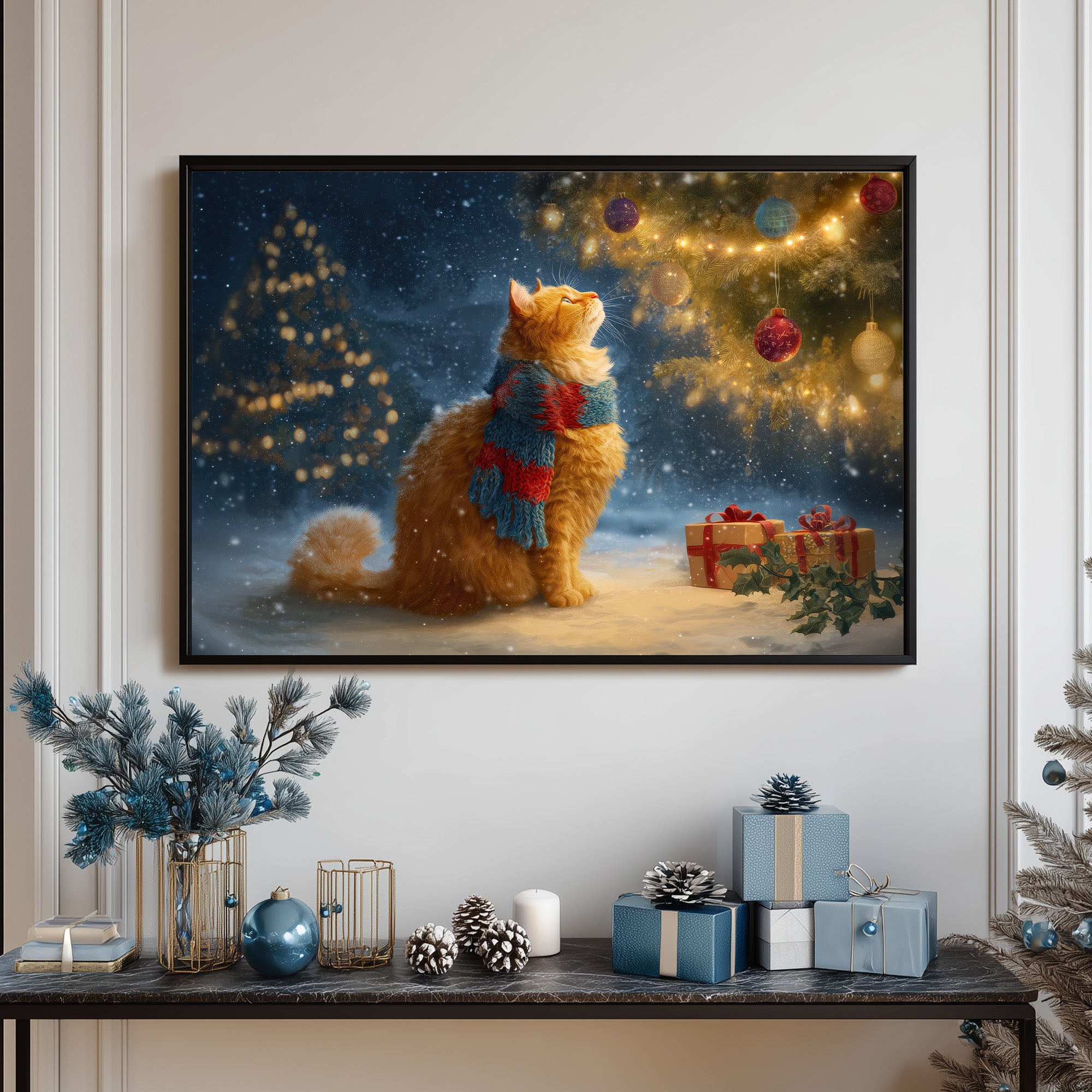 Christmas Cat Art Print, Cozy Ginger Cat with Scarf, Holiday Tree Lights & Gifts, Winter Wonderland Wall Decor