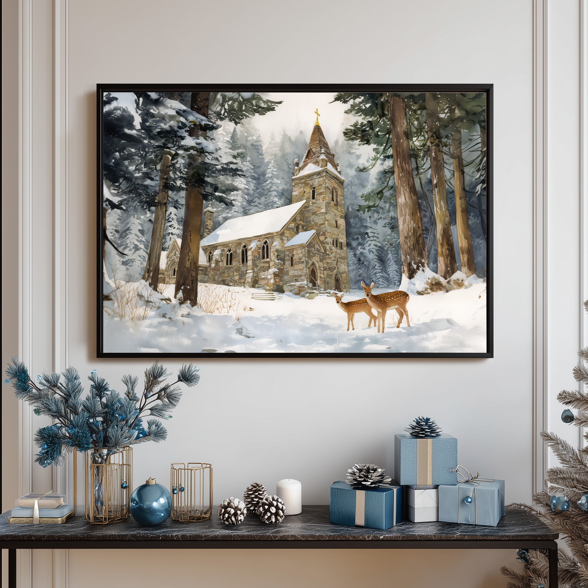 Winter Chapel Art Print, Snowy Forest Church Painting with Deer, Rustic Christmas Wall Decor