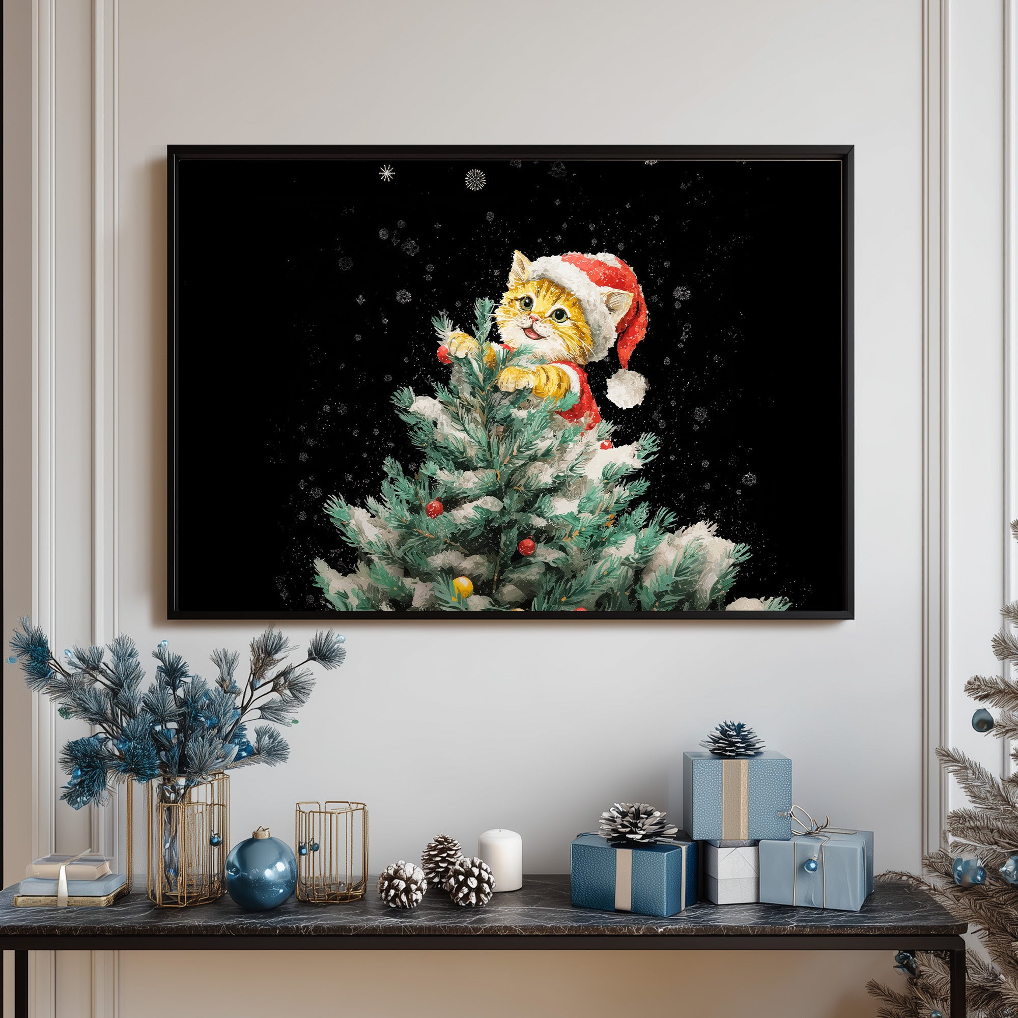 Cute Christmas Kitten in Santa Hat on Snowy Tree – Whimsical Holiday Cat Art Print, Festive Pet Illustration