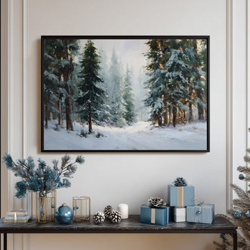 Winter Forest Landscape Painting, Snowy Pine Trees Wall Art, Serene Nature Woodland Decor