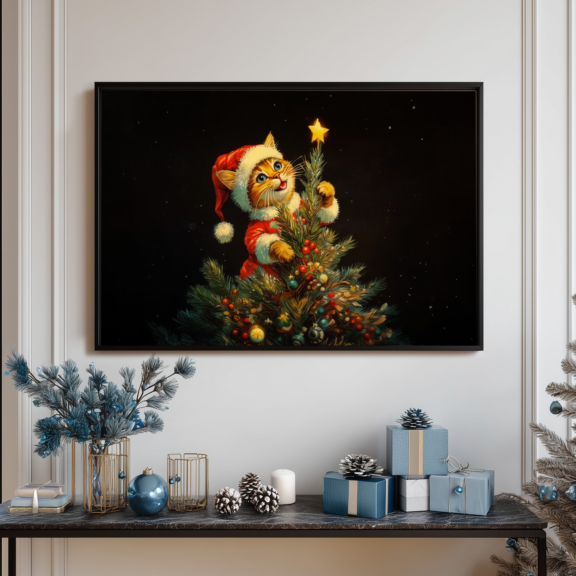 Whimsical Christmas Cat Tree Topper Art, Cute Kitten in Santa Outfit Reaching Star, Festive Holiday Wall Decor, Cozy Winter Home Print