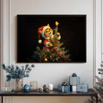 Whimsical Christmas Cat Tree Topper Art, Cute Kitten in Santa Outfit Reaching Star, Festive Holiday Wall Decor, Cozy Winter Home Print