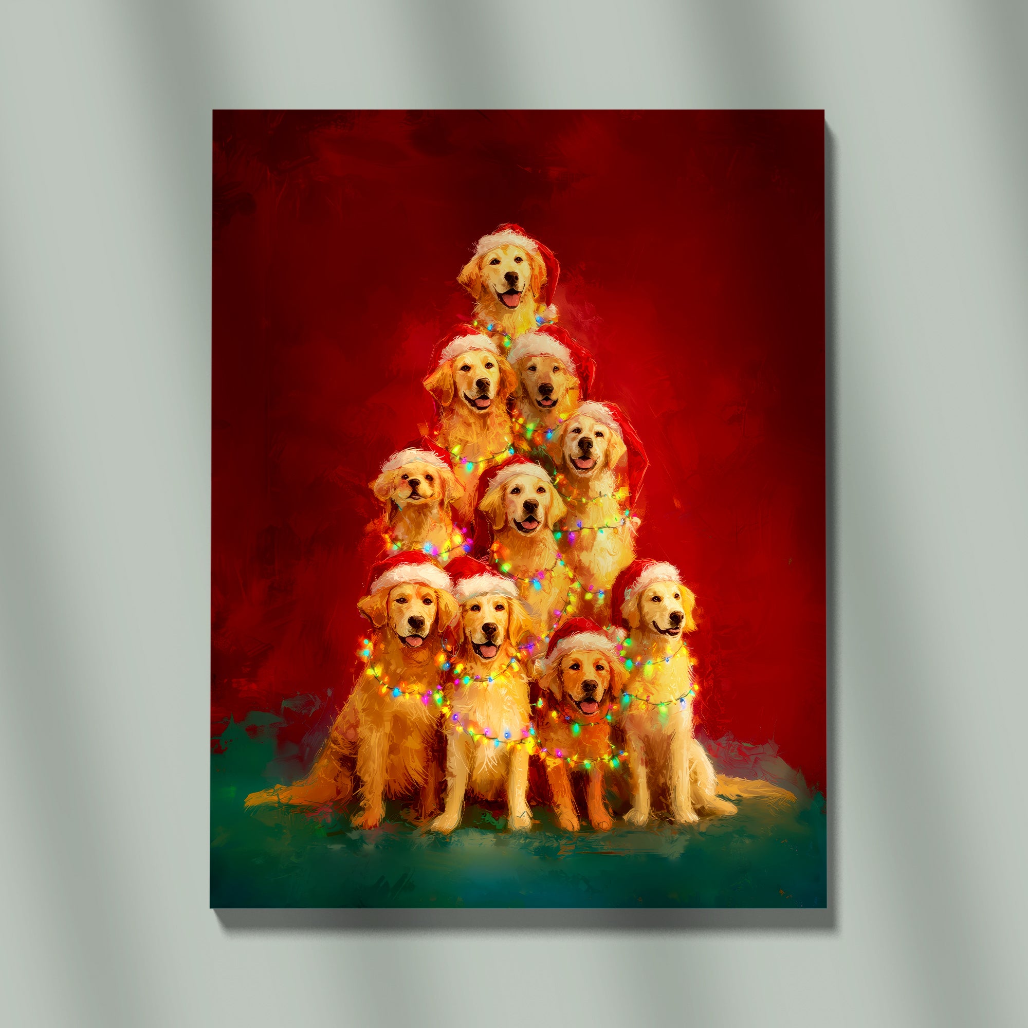 Vintage Golden Retriever Christmas Tree Portrait with Santa Hats & Festive Lights, Cozy Holiday Dog Art Print