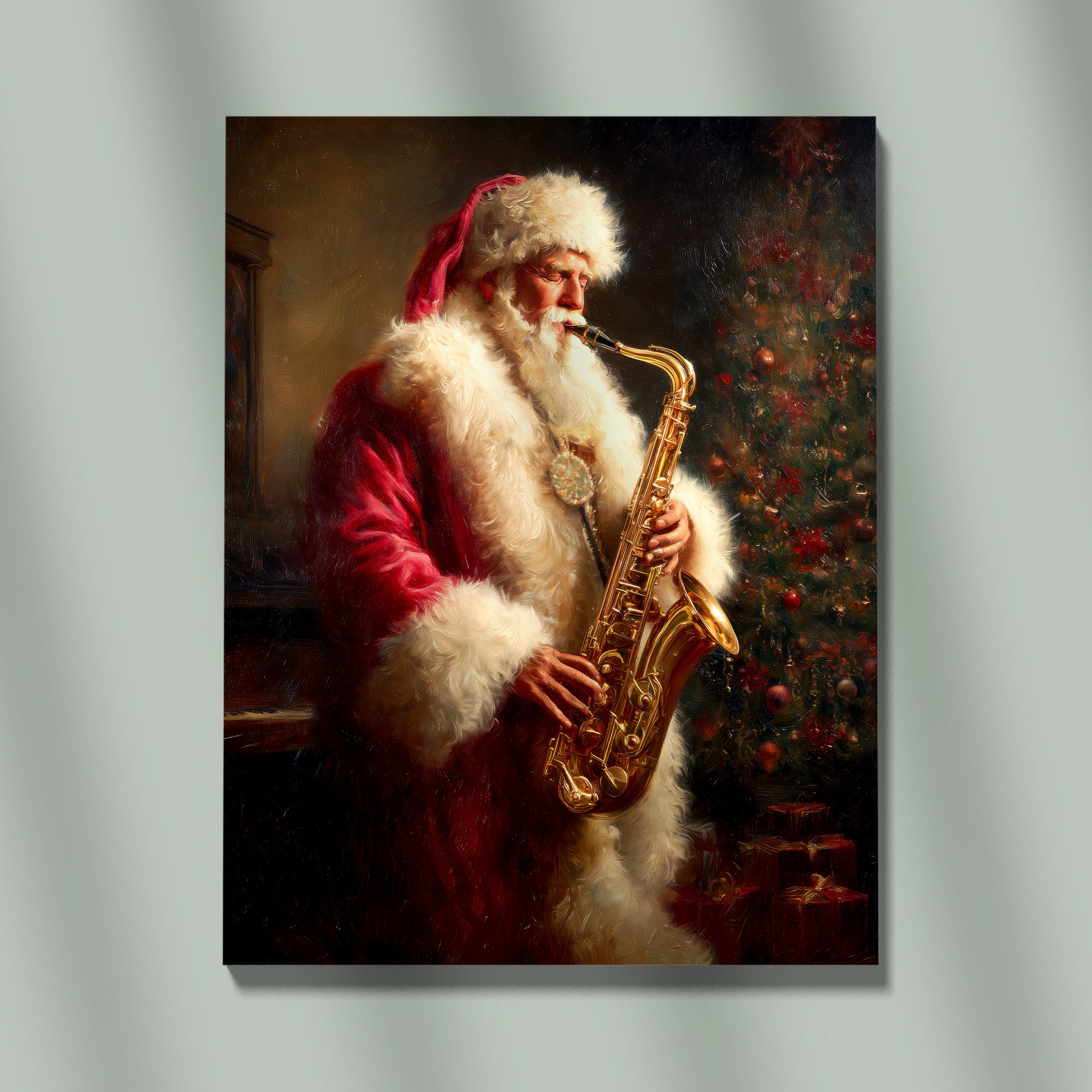 Vintage Santa Claus Playing Golden Saxophone Beside Christmas Tree – Warm Holiday Music Art Print