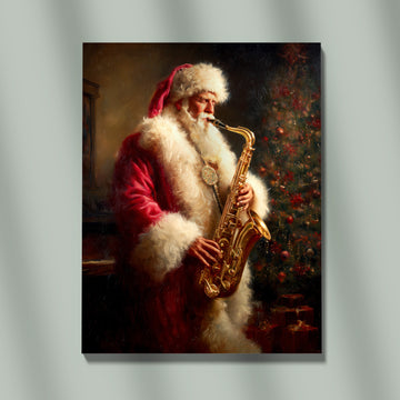 Vintage Santa Claus Playing Golden Saxophone Beside Christmas Tree – Warm Holiday Music Art Print