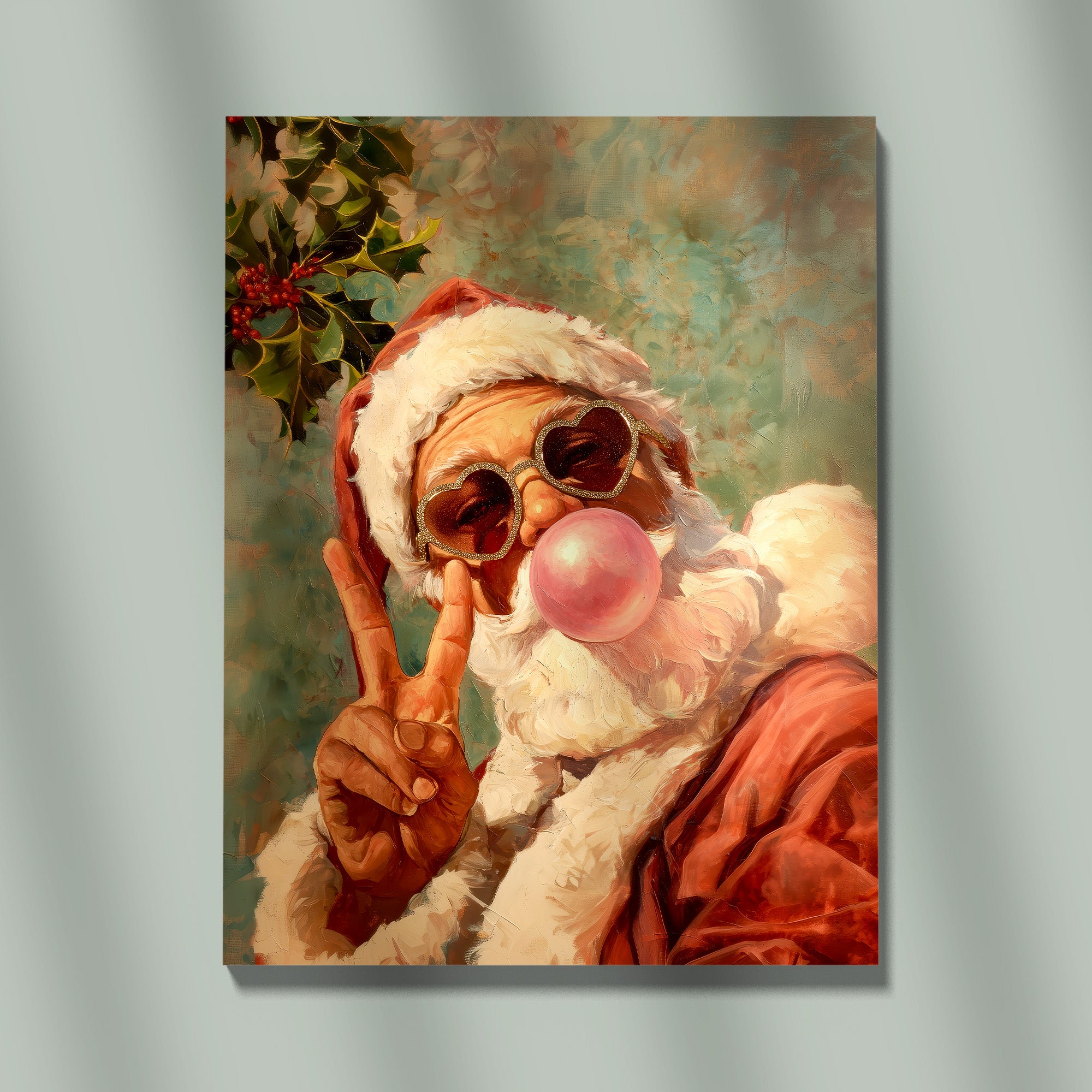 Retro Santa With Bubblegum And Heart Glasses, Cool Christmas Wall Art, Funky Holiday Decor