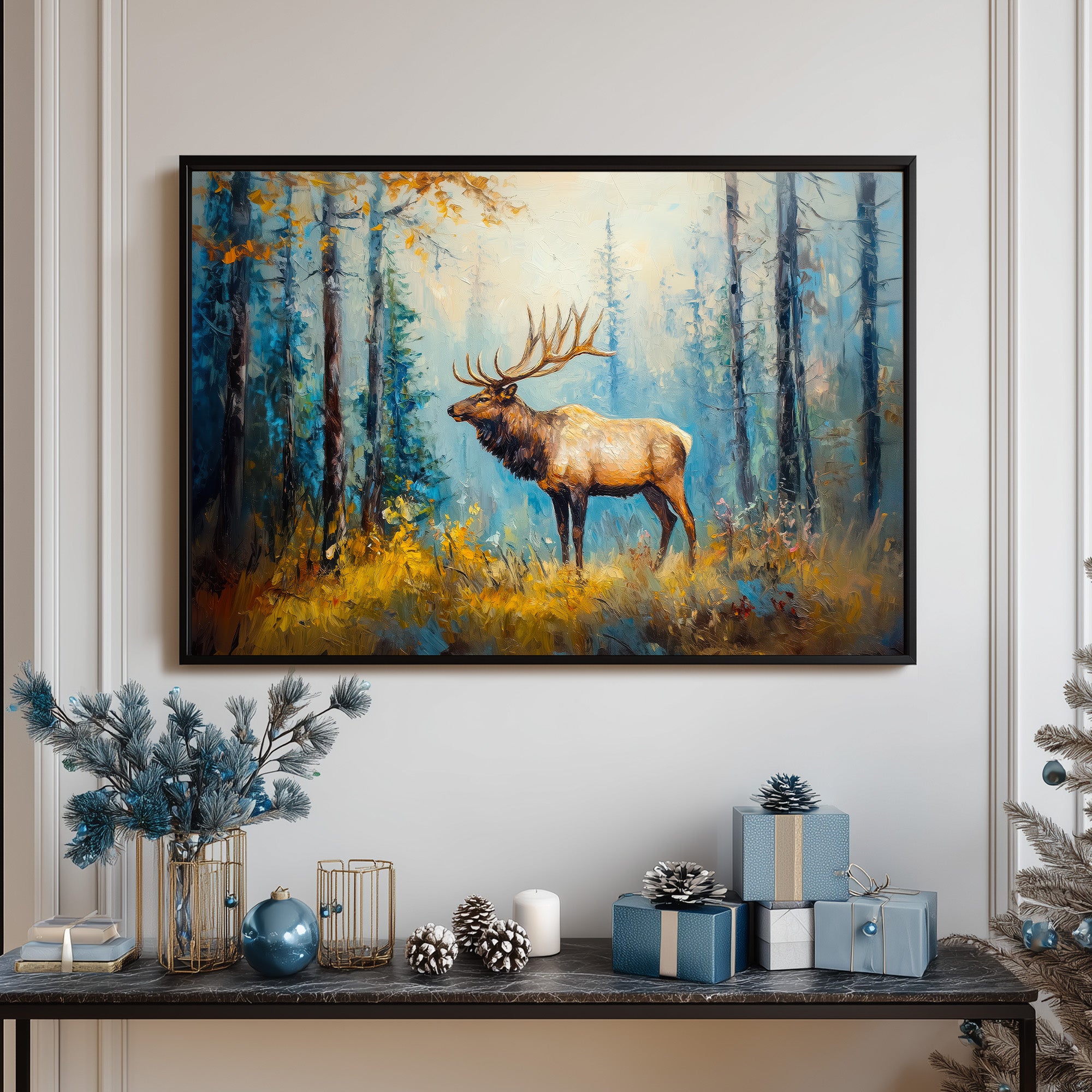 Majestic Elk In Autumn Forest, Wildlife Wall Art Print, Rustic Nature Painting, Woodland Decor, Cabin Lodge