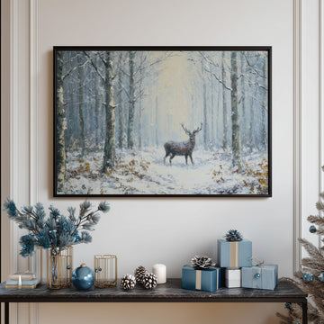 Winter Deer In Snowy Forest, Rustic Wildlife Wall Art, Nordic Nature Painting, Woodland Landscape Print